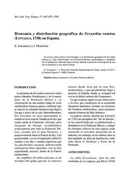 Bionomía Y Distribución Geográfica De Zerynthia Rumina (LINNAEUS, 1758) En España