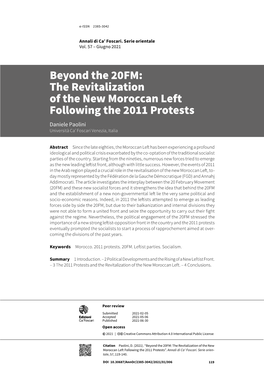 Beyond the 20FM: the Revitalization of the New Moroccan Left Following the 2011 Protests Daniele Paolini Università Ca’ Foscari Venezia, Italia