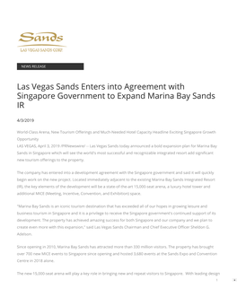 Las Vegas Sands Enters Into Agreement with Singapore Government to Expand Marina Bay Sands IR