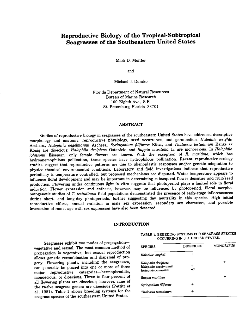 Reproductive Biology of the Tropical-Subtropical Seagrasses of the Southeastern United States