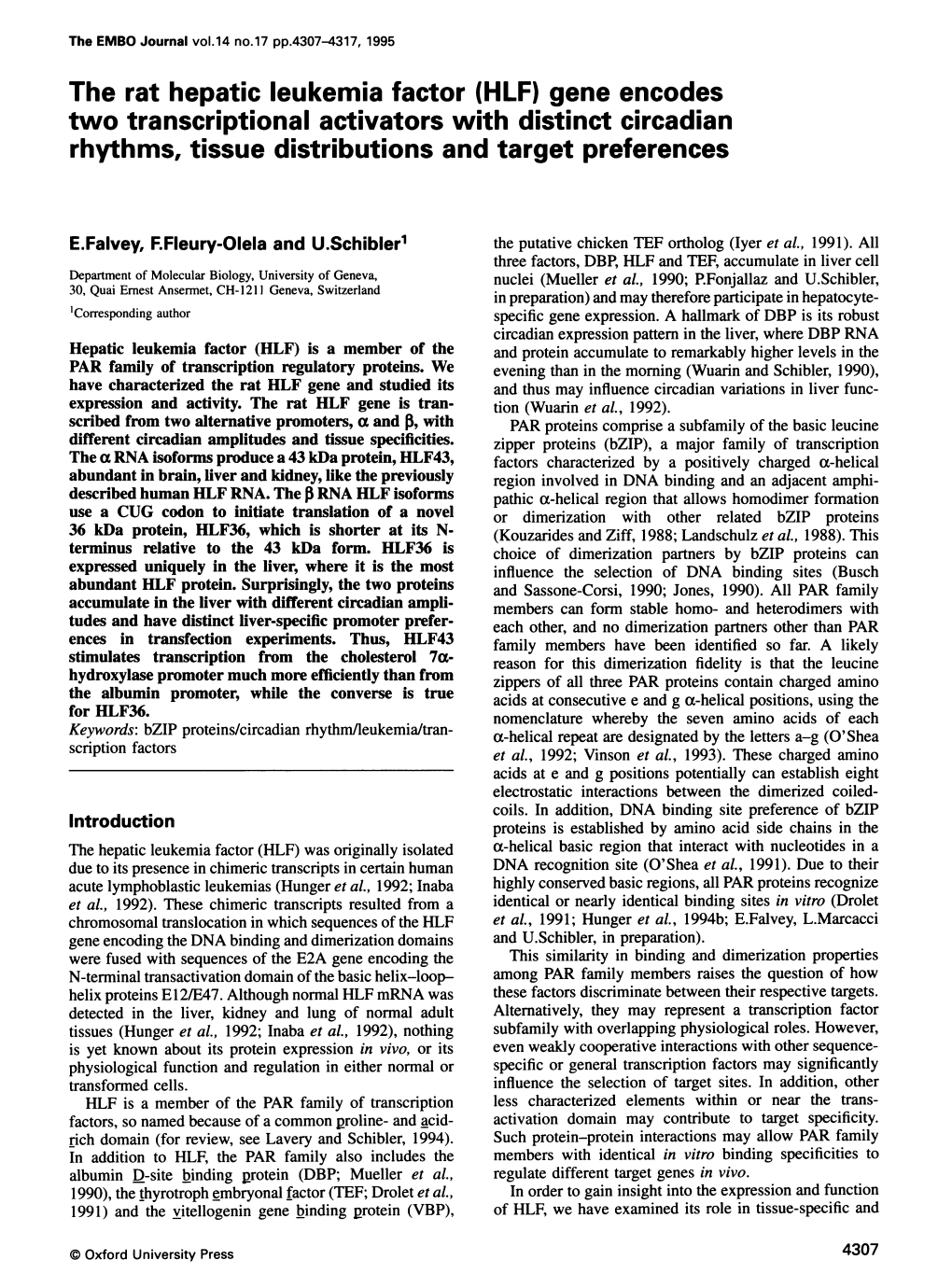 The Rat Hepatic Leukemia Factor (HLF) Gene Encodes Two Transcriptional Activators with Distinct Circadian Rhythms, Tissue Distributions and Target Preferences