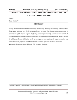 CRITICAL STUDY of INNOVATIONS and EXPERIMENTS in the PLAYS of GIRISH KARNAD Anita * Parul Mishra** ABSTRACT