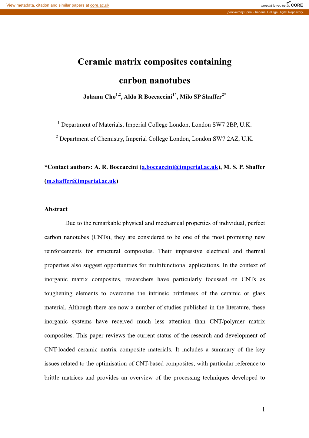 Ceramic Matrix Composites Containing Carbon Nanotubes