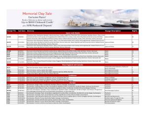 Memorial Day Sale Exclusive Rates· Book a Balcony Or Above and Receive up to $300 Onboard Credit ^ Plus 50% Reduced Deposit'