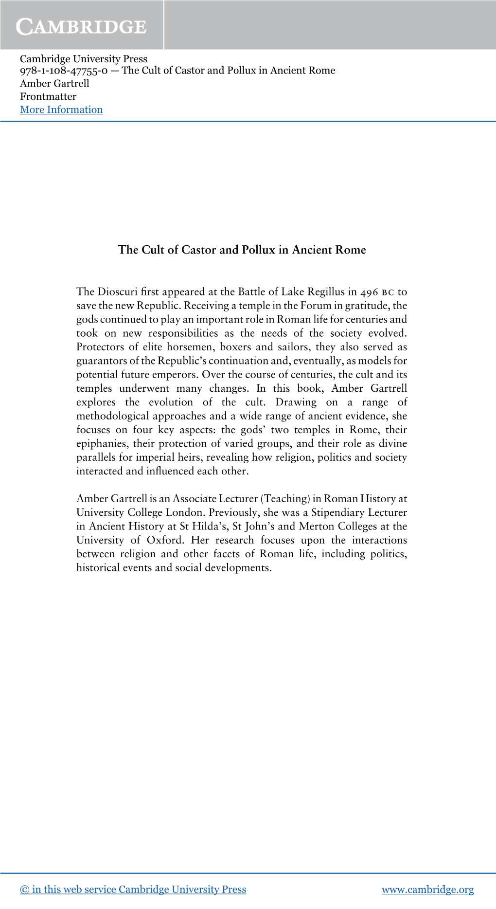 The Cult of Castor and Pollux in Ancient Rome Amber Gartrell Frontmatter More Information