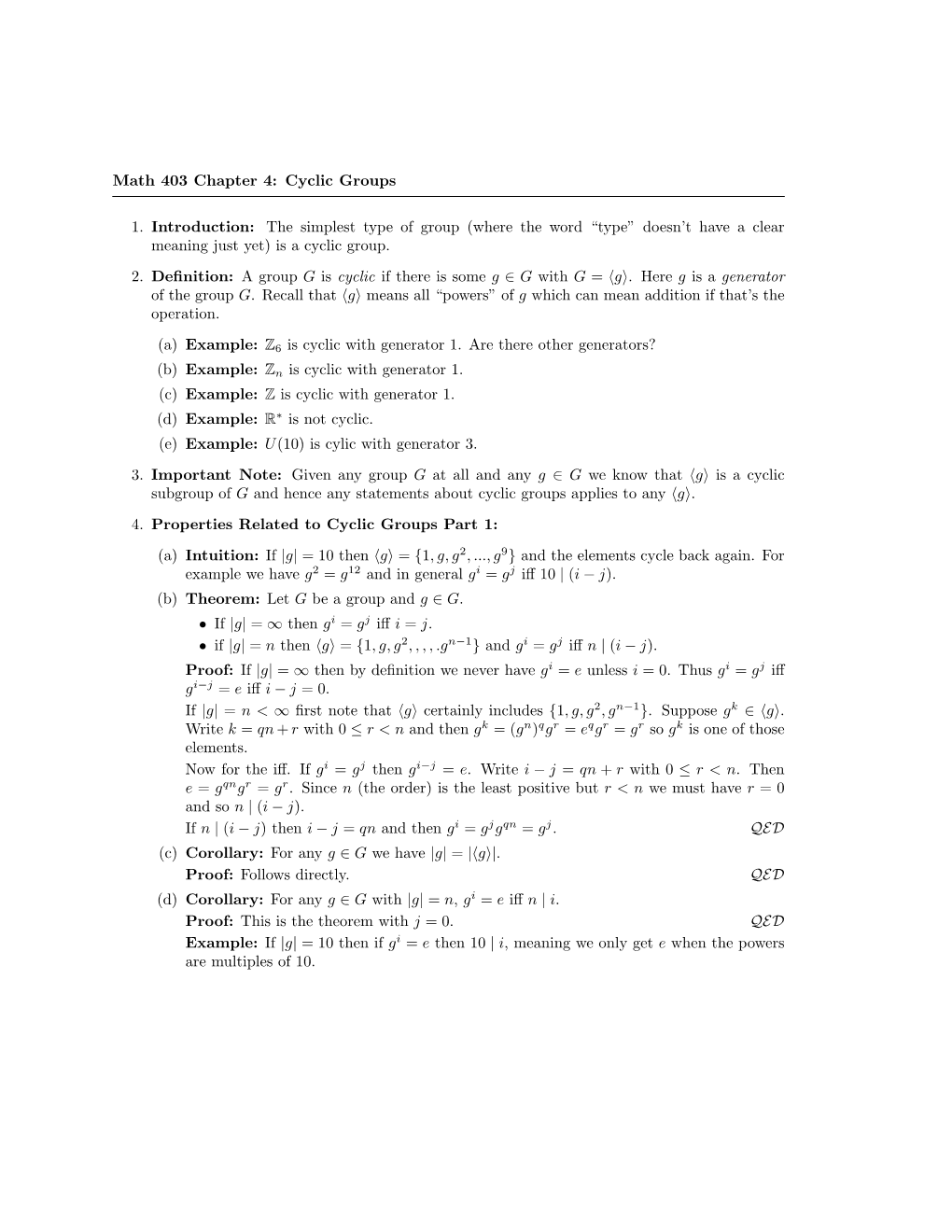 Math 403 Chapter 4: Cyclic Groups 1. Introduction