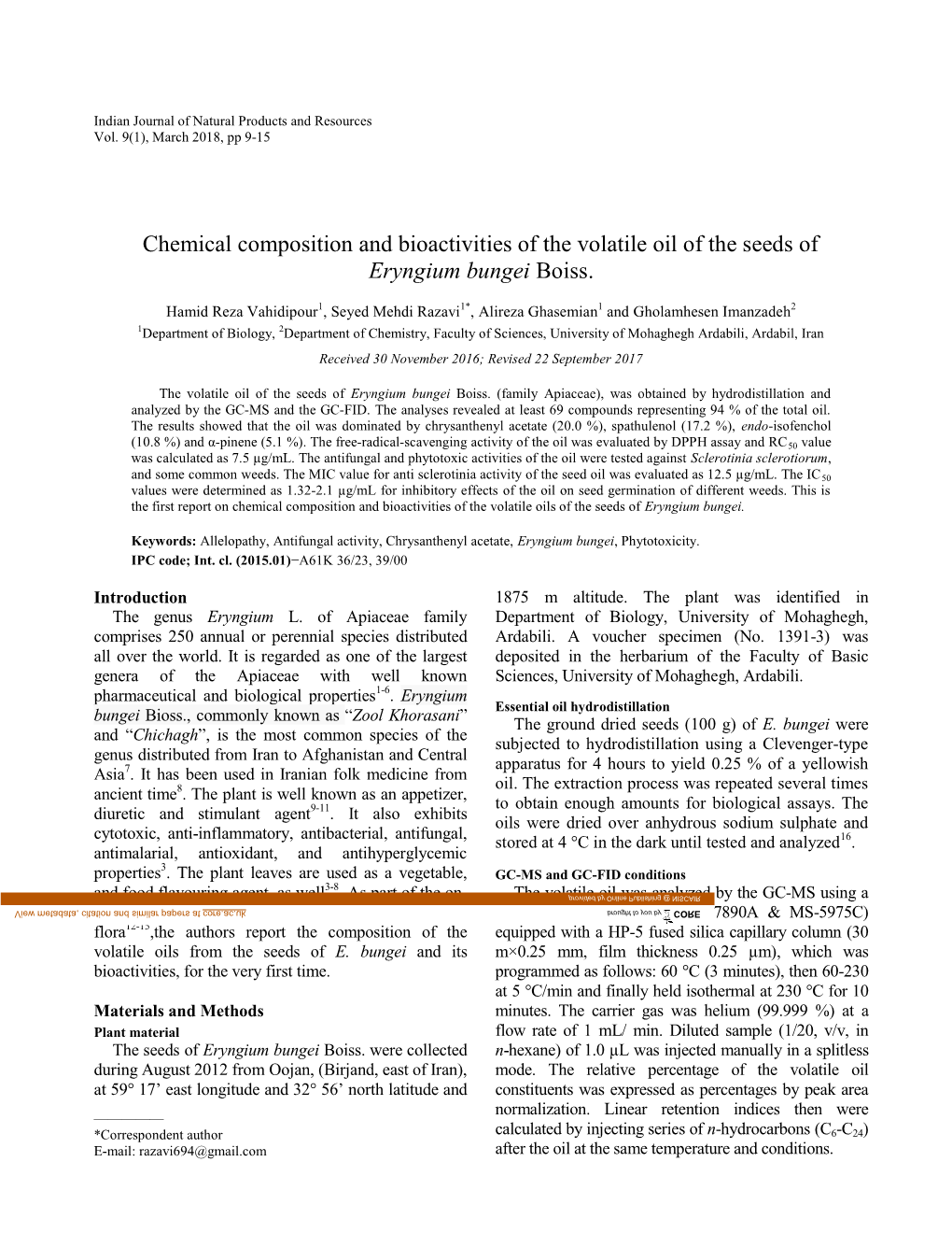 Chemical Composition and Bioactivities of the Volatile Oil of the Seeds of Eryngium Bungei Boiss