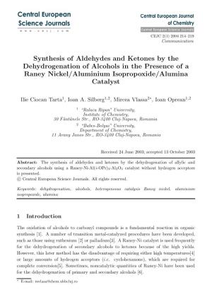 Synthesis of Aldehydes and Ketones by the Dehydrogenation of Alcohols in the Presence of a Raney Nickel/Aluminium Isopropoxide/A