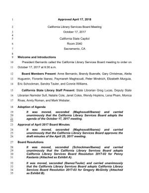 Approved April 17, 2018 1 California Library Services Board Meeting 2