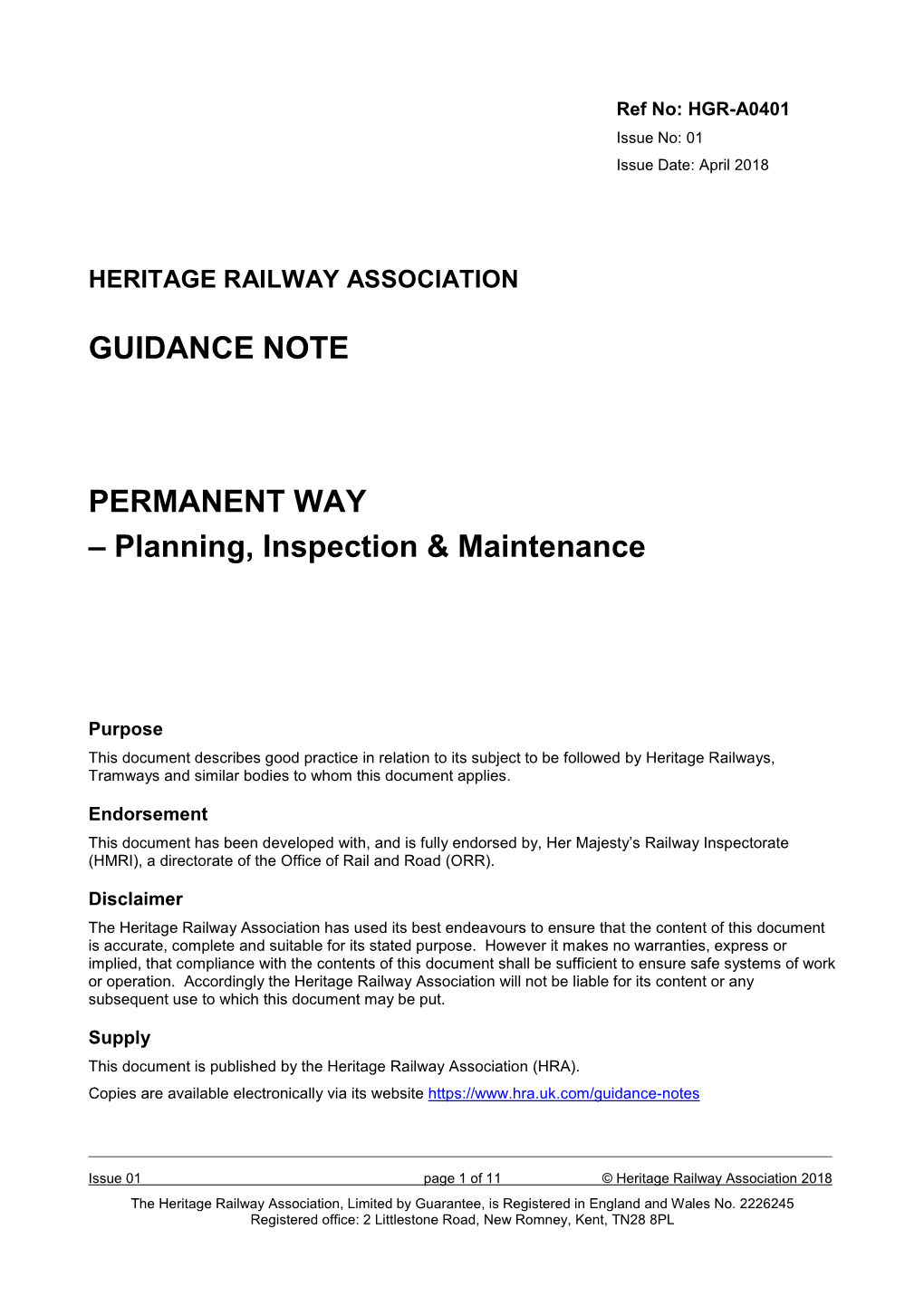 GUIDANCE NOTE PERMANENT WAY – Planning, Inspection