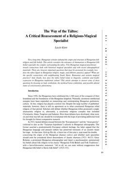 The Way of the Táltos: a Critical Reassessment of a Religious-Magical Specialist