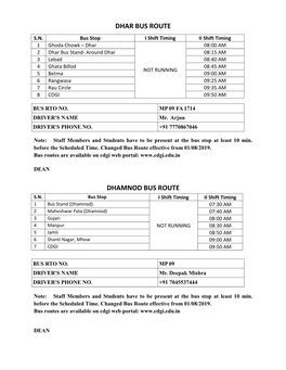 Dhar Bus Route