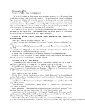 Economics 250A Course Outline and Reading List