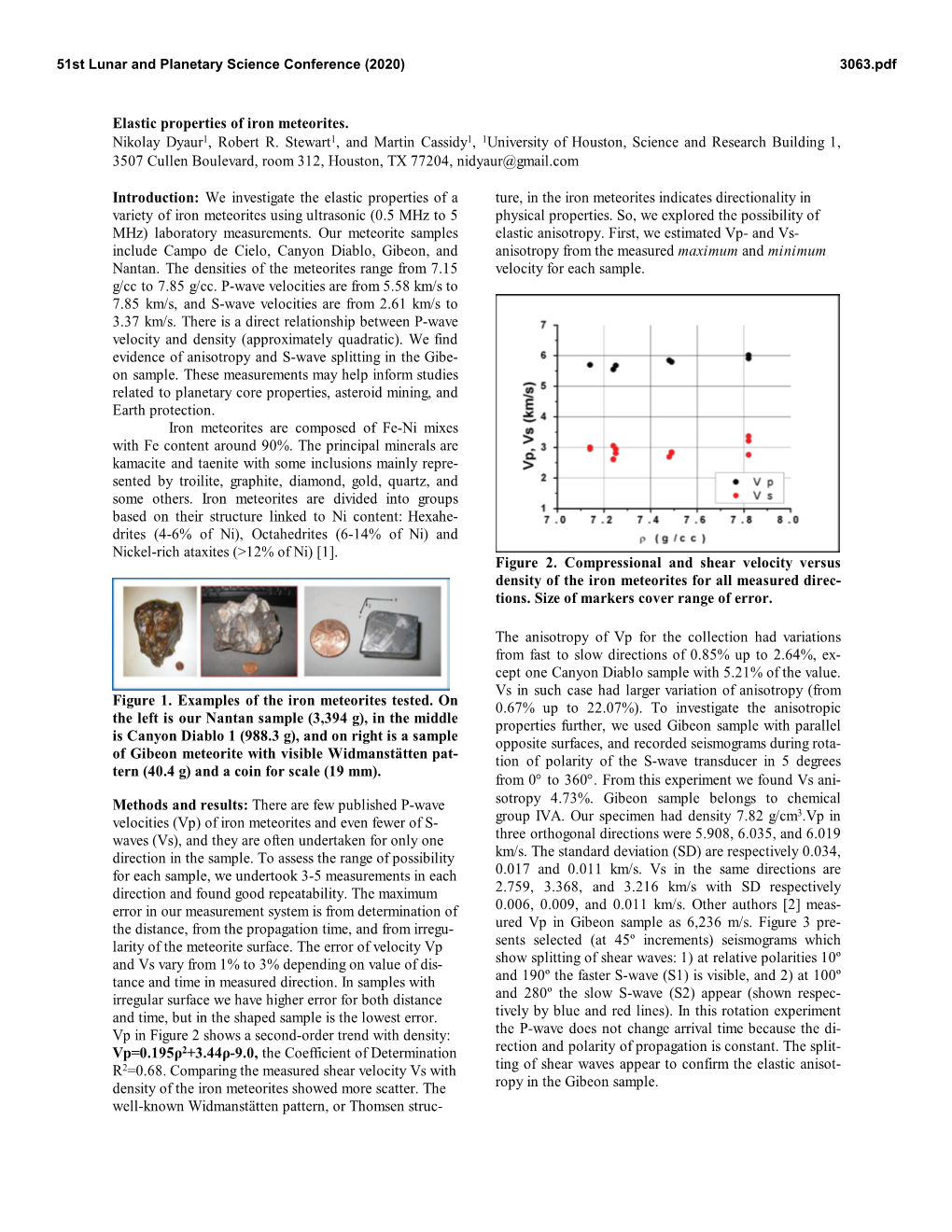 Elastic Properties of Iron Meteorites. Nikolay Dyaur1, Robert R. Stewart1, and Martin Cassidy1, 1University of Houston, Science