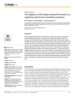 The Degree of Altriciality and Performance in a Cognitive Task Show Correlated Evolution