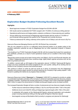 ASX ANNOUNCEMENT Exploration Budget Doubled Following