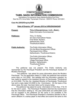 TAMIL NADU INFORMATION COMMISSION Kamadhenu Co-Operative Super Market Building First Floor, New No.379, Anna Salai, Teynampet, Chennai – 600018