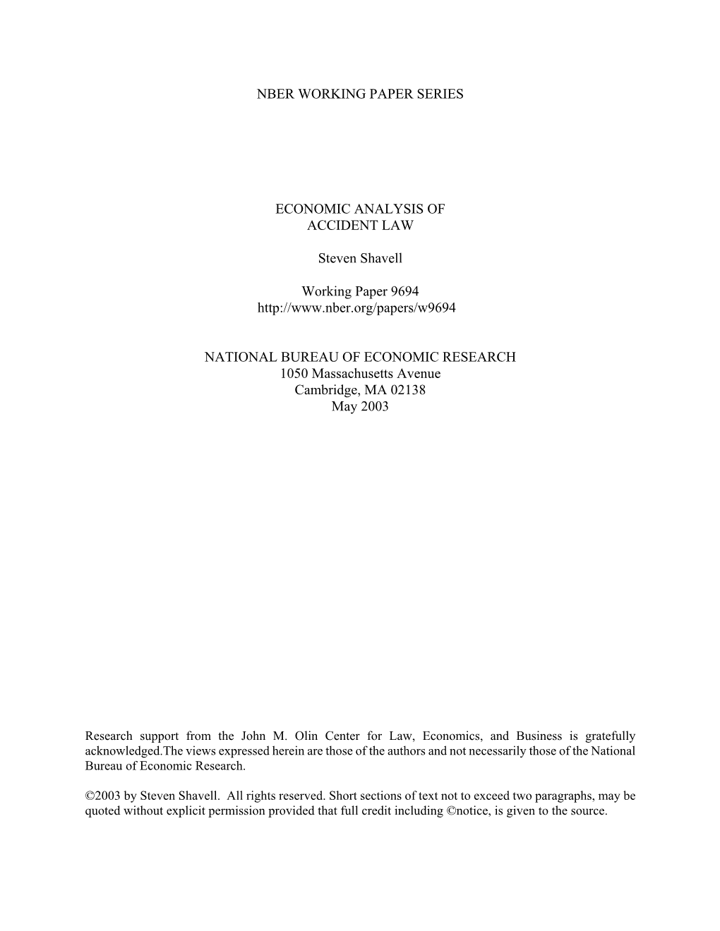 Nber Working Paper Series Economic Analysis Of