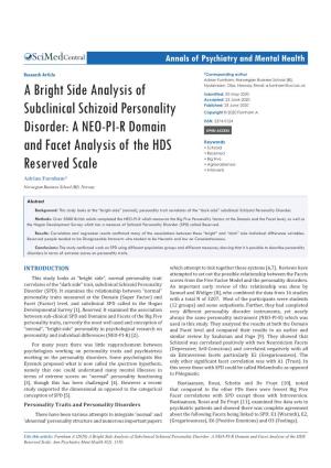 A Bright Side Analysis of Subclinical Schizoid Personality Disorder: a NEO-PI-R Domain and Facet Analysis of the HDS Reserved Scale