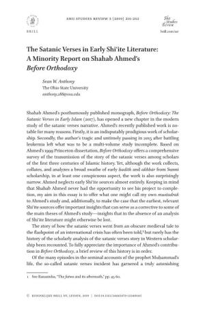 The Satanic Verses in Early Shiʿite Literature: a Minority Report on Shahab Ahmed’S Before Orthodoxy