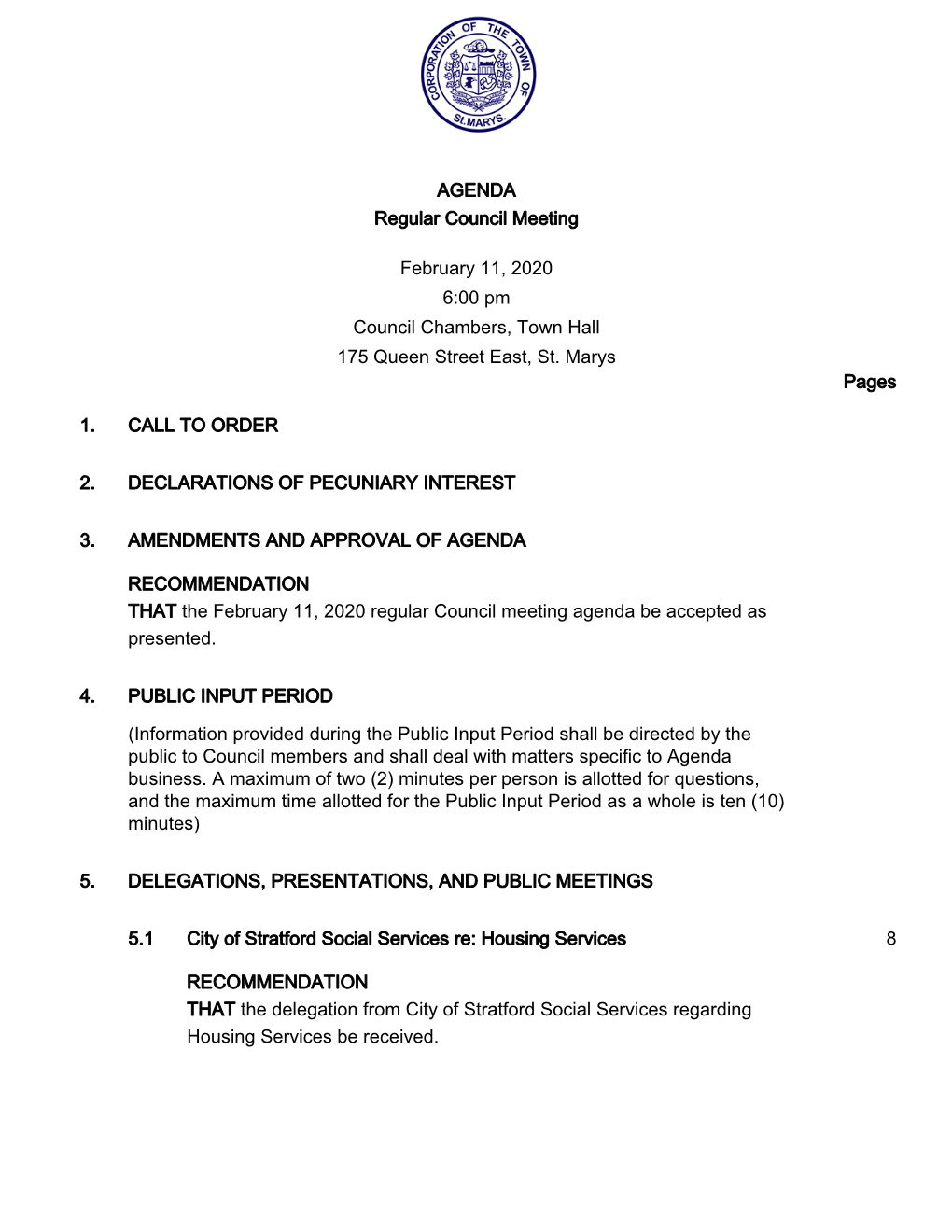 Regular Council Agenda