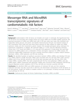 Messenger RNA and Microrna Transcriptomic Signatures of Cardiometabolic Risk Factors David D