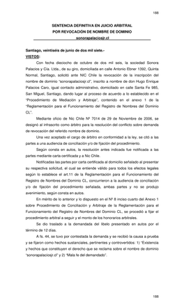 SENTENCIA DEFINITIVA EN JUICIO ARBITRAL POR REVOCACIÓN DE NOMBRE DE DOMINIO Sonorapalaciosjr.Cl