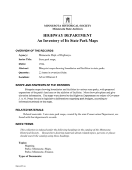 HIGHWAY DEPARTMENT: an Inventory of Its State Park Maps