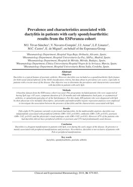 Prevalence and Characteristics Associated with Dactylitis in Patients with Early Spondyloarthritis: Results from the Esperanza Cohort M.I