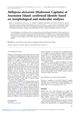 Millepora Alcicornis (Hydrozoa: Capitata) at Ascension Island: Conﬁrmed Identity Based on Morphological and Molecular Analyses Bert W