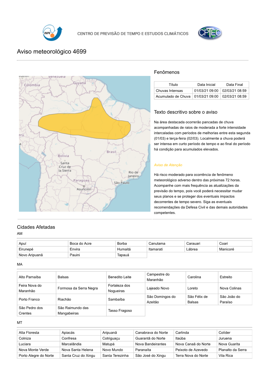 Aviso Meteorológico 4699