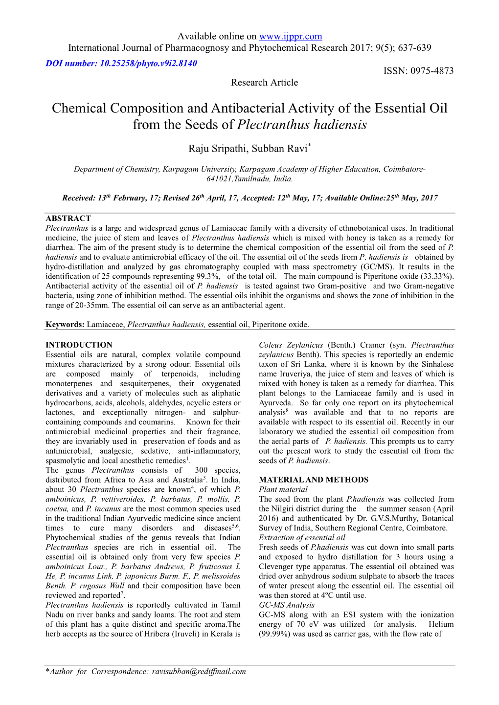 Chemical Composition and Antibacterial Activity of the Essential Oil from the Seeds of Plectranthus Hadiensis