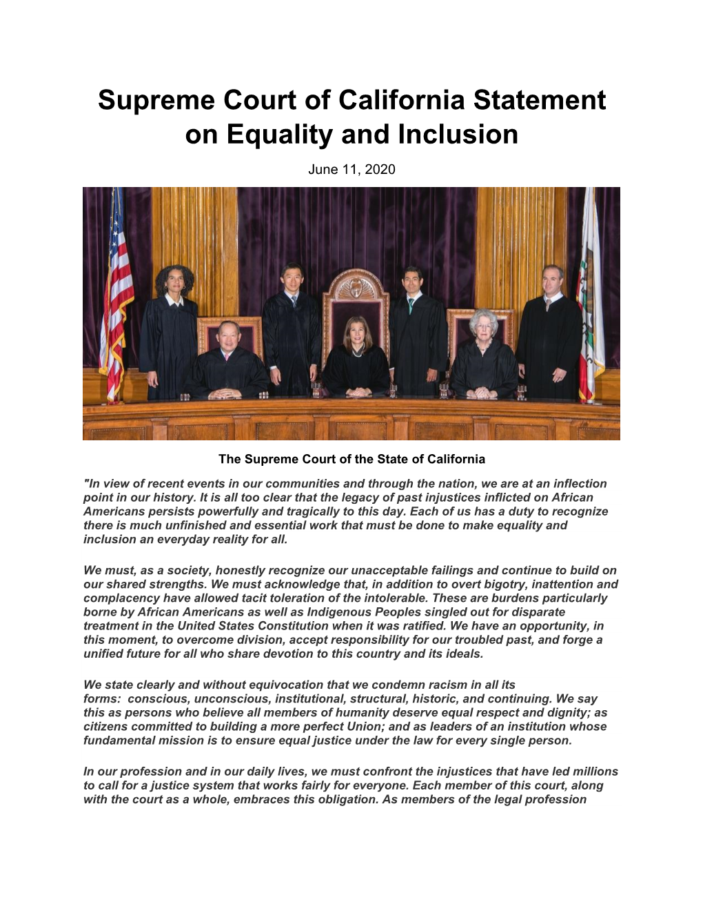 Supreme Court of California Statement on Equality and Inclusion June 11, 2020