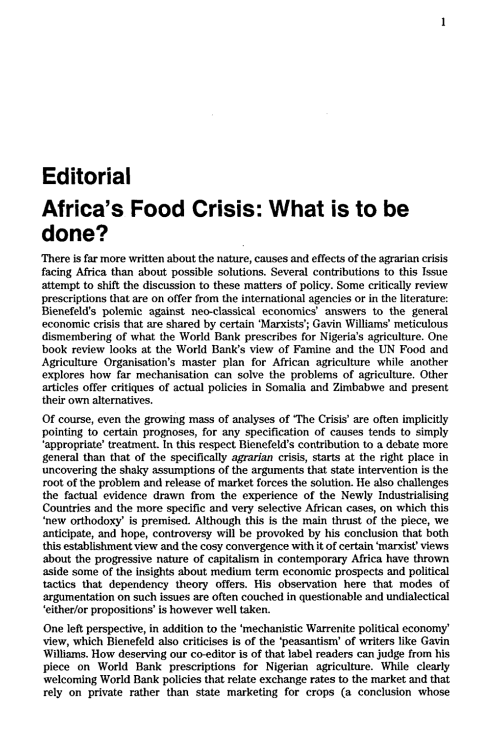 Editorial Africa's Food Crisis: What Is to Be Done?