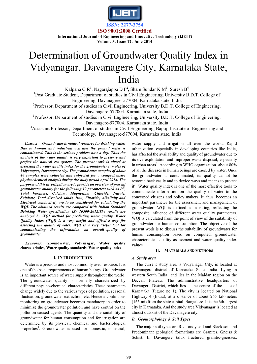 Determination of Groundwater Quality Index in Vidyanagar, Davanagere City, Karnataka State, India