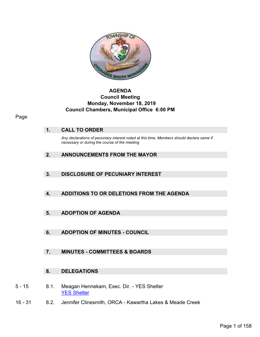 Council Meeting Monday, November 18, 2019 Council Chambers, Municipal Office 6:00 PM Page