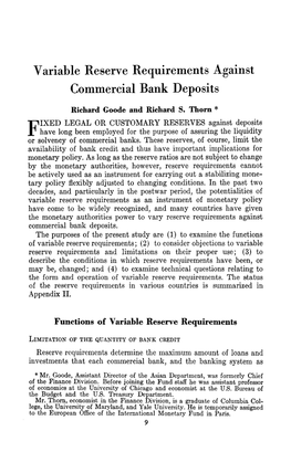 Variable Reserve Requirements Against Commercial Bank Deposits