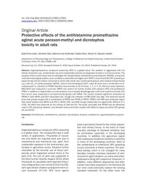 Protective Effects of the Antihistamine Promethazine Aginst Acute Paraxon-Methyl and Dicrotophos Toxicity in Adult Rats