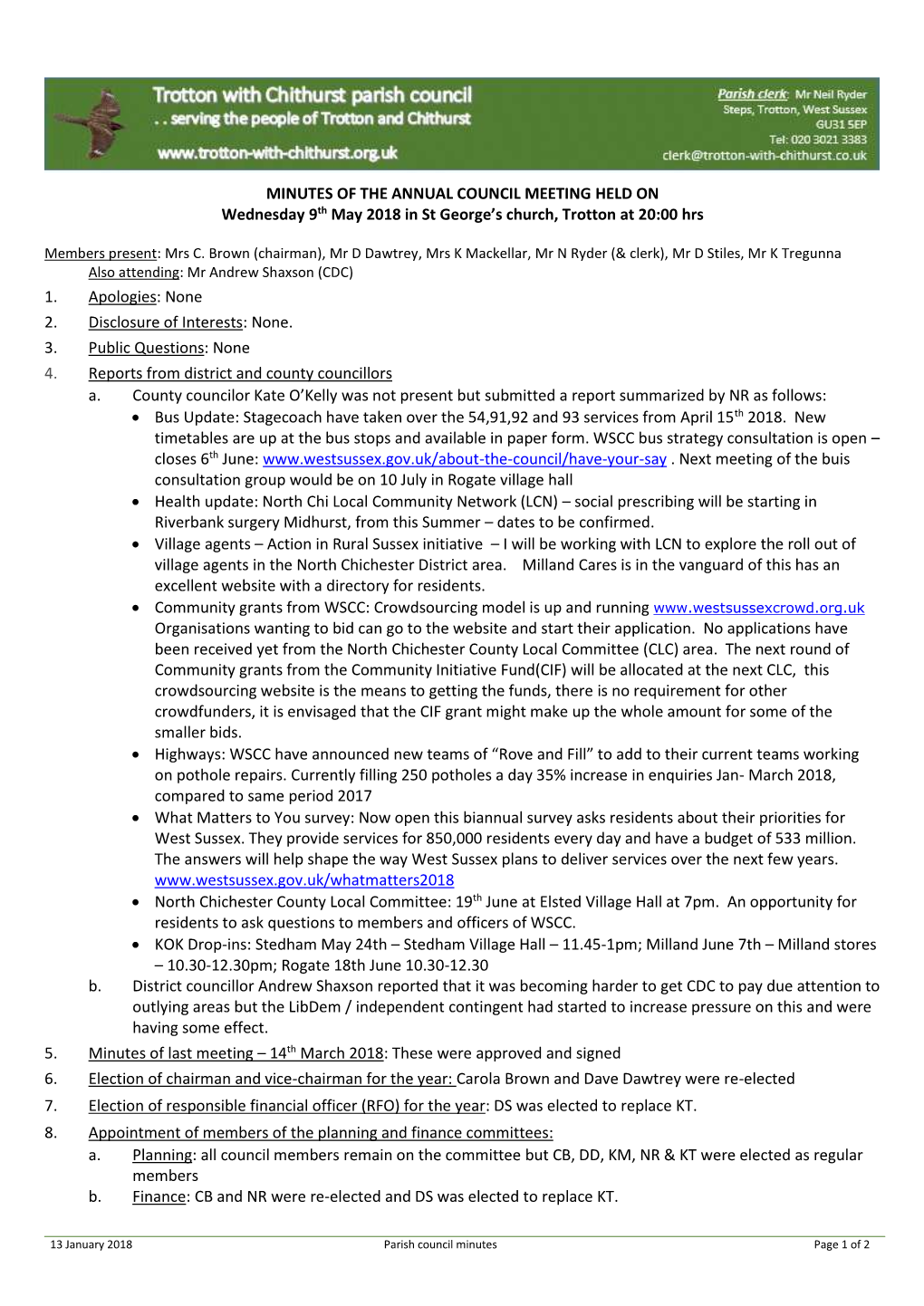 MINUTES of the ANNUAL COUNCIL MEETING HELD on Wednesday 9Th May 2018 in St George’S Church, Trotton at 20:00 Hrs