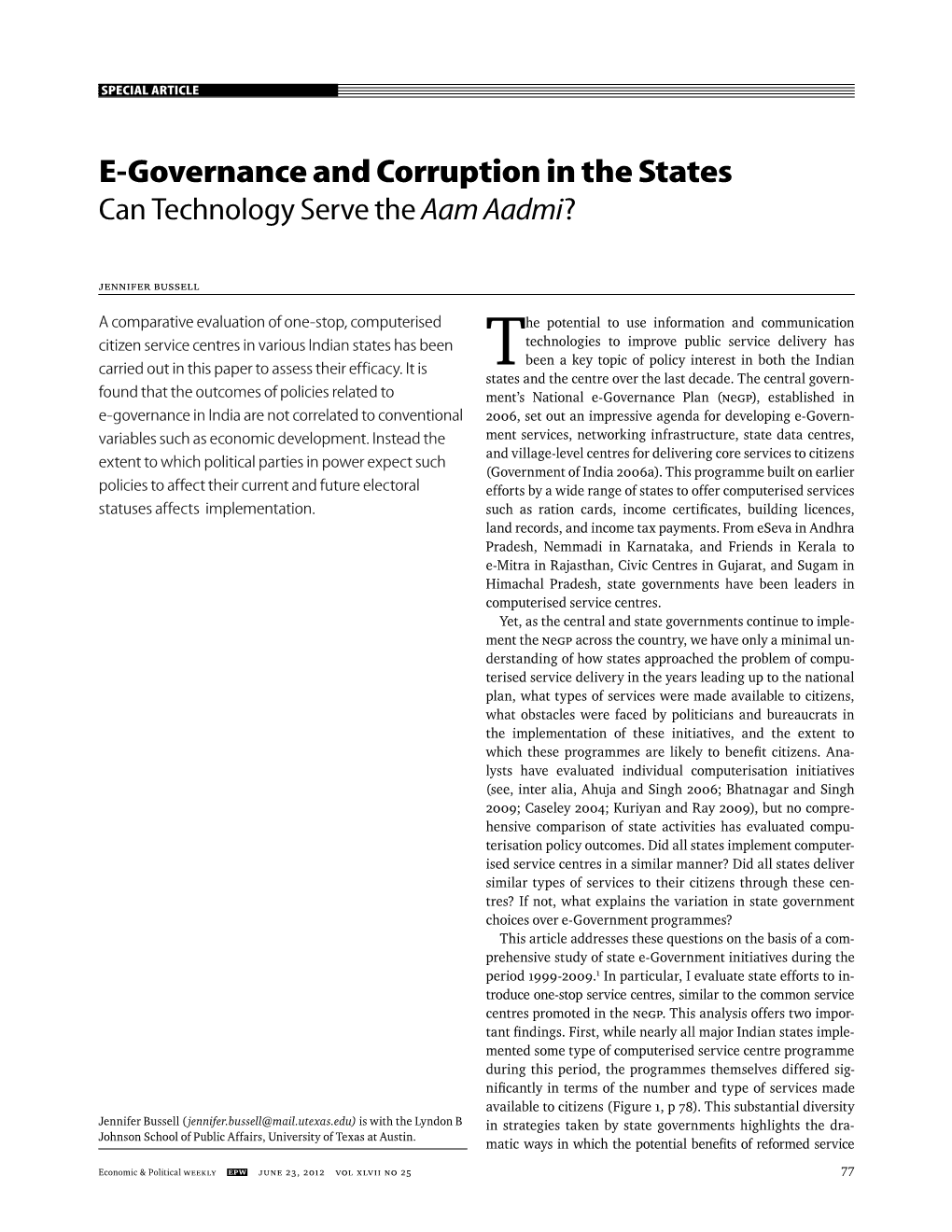 E-Governance and Corruption in the States Can Technology Serve the Aam Aadmi?