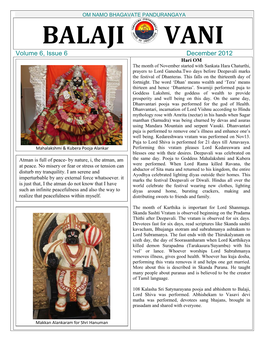 OM NAMO BHAGAVATE PANDURANGAYA BALAJI VANI Volume 6, Issue 6 December 2012