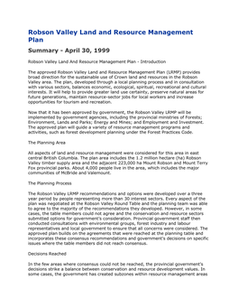 Robson Valley Land and Resource Management Plan Summary - April 30, 1999