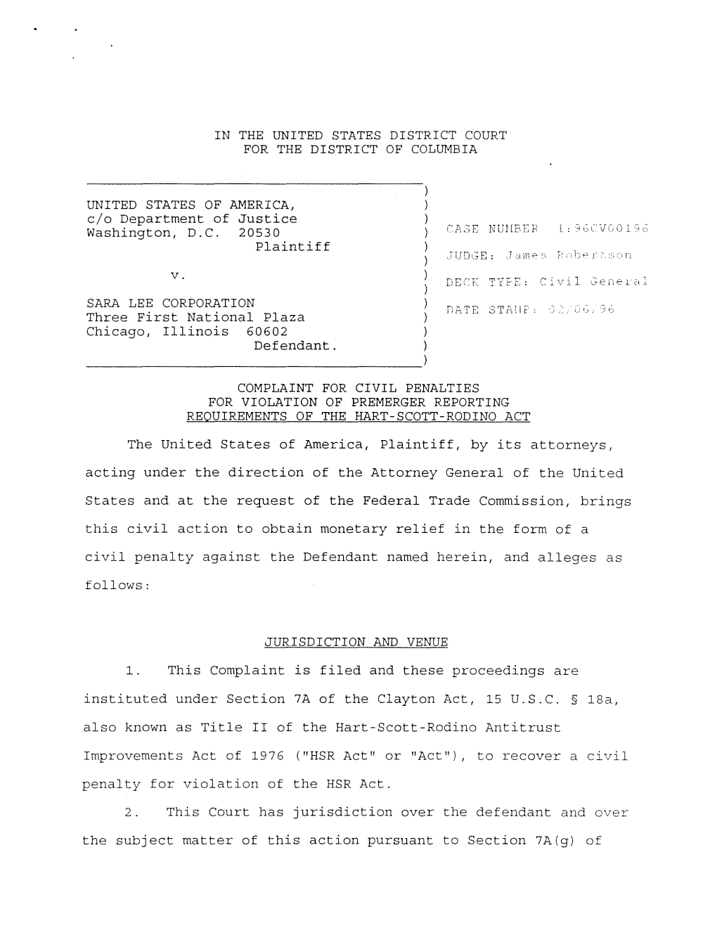 Complaint for Civil Penalties for Violation of Premerger Reporting Requirements of the Hart-Scott-Rodino Act