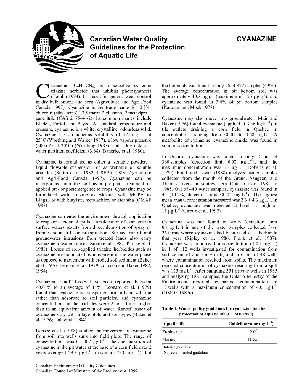 Canadian Water Quality Guidelines for the Protection of Aquatic Life