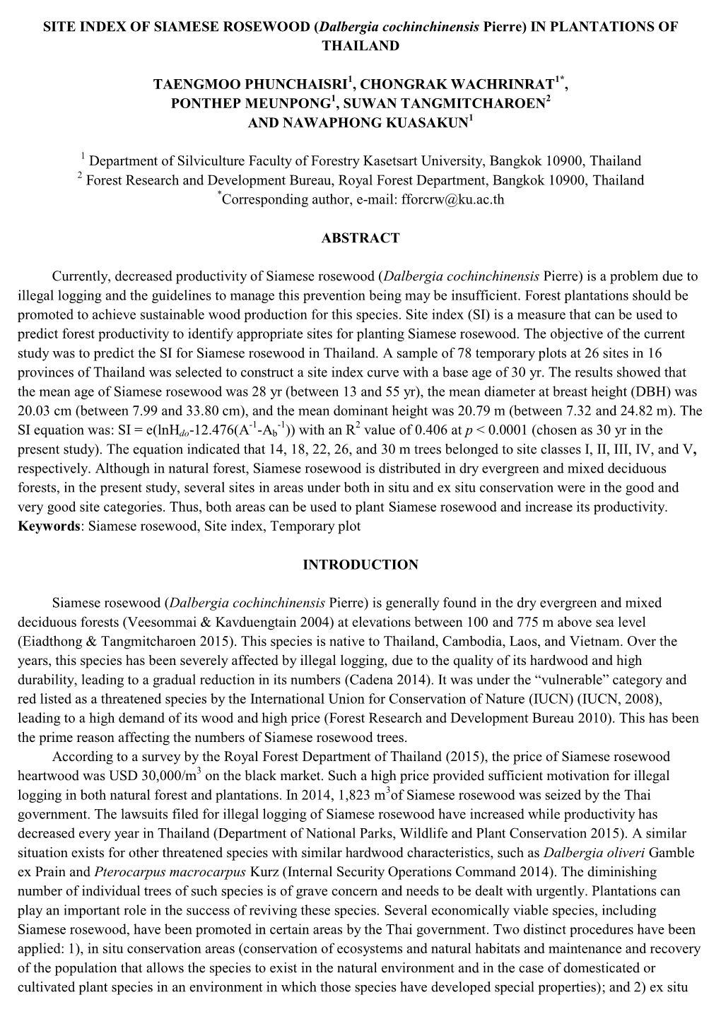 SITE INDEX of SIAMESE ROSEWOOD (Dalbergia Cochinchinensis Pierre) in PLANTATIONS of THAILAND