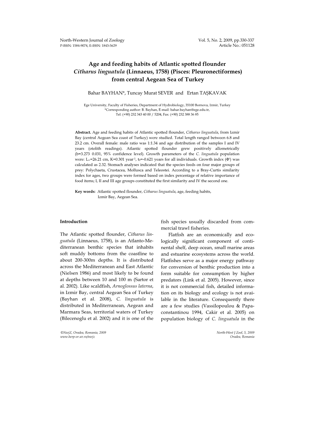 Age and Feeding Habits of Atlantic Spotted Flounder Citharus Linguatula (Linnaeus, 1758) (Pisces: Pleuronectiformes) from Central Aegean Sea of Turkey