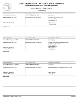 Court Calendar, Collier County, State of Florida the Honorable Michael J Brown Presiding