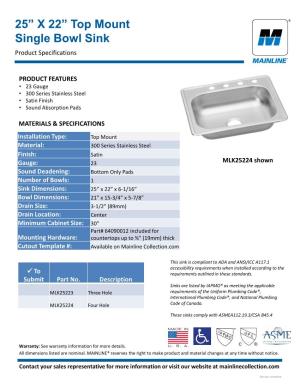 Top Mount Single Bowl Sink Product Specifications
