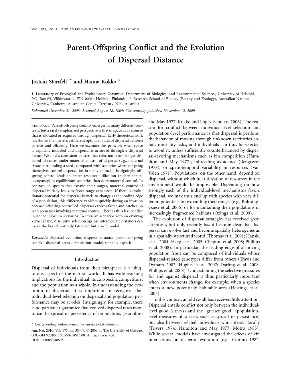 Parent-Offspring Conflict and the Evolution of Dispersal Distance