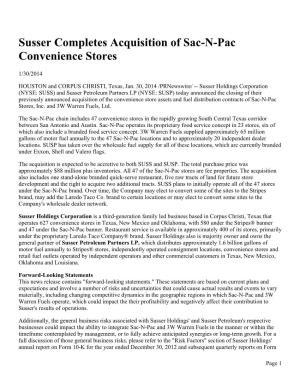 Susser Completes Acquisition of Sac-N-Pac Convenience Stores